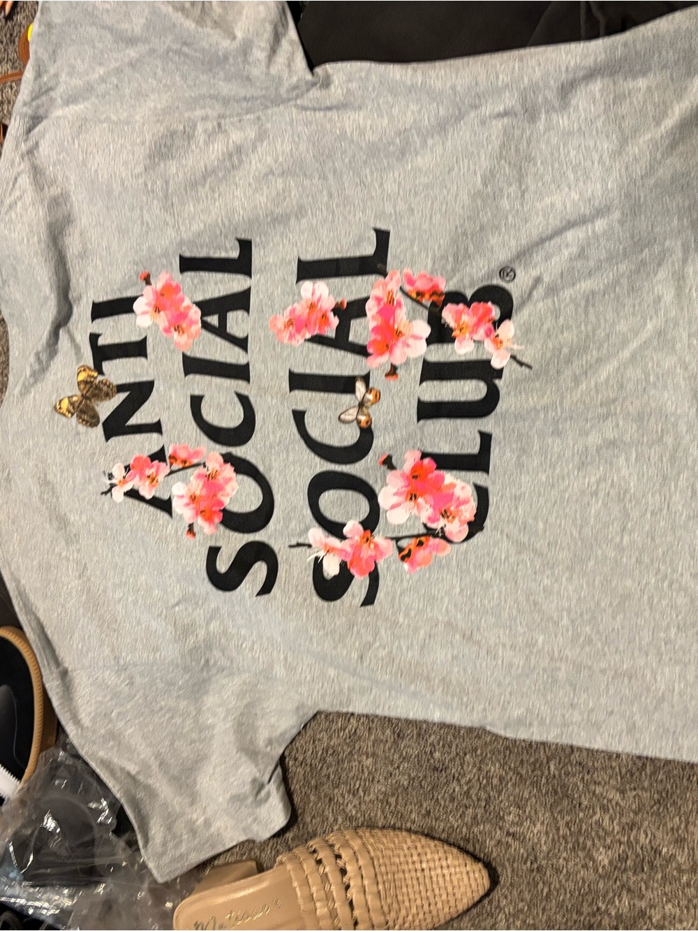 Anti Social Social Club Gray Tee with Black Logo and Pink Floral Appliqués
